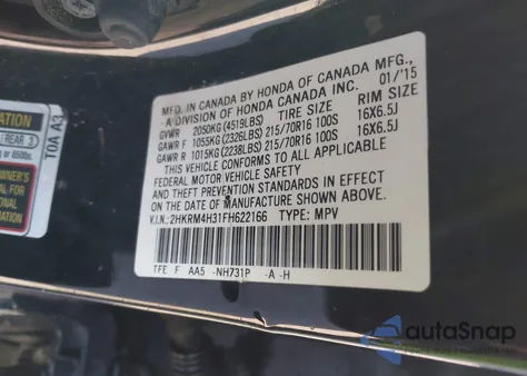 2015 Honda Cr-V Lx from USA, damaged, VIN 2HKRM4H31FH622166